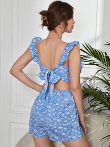 SHEIN Unity Floral Print Tied Backless Ruffle Trim Romper - Blue - View 1