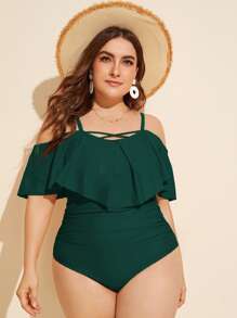 SHEIN Swim Curve Plus Plain Hanky Hem One Piece Swimsuit, For Summer Beach Vacation - Dark Green - View 1
