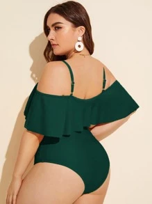 SHEIN Swim Curve Plus Plain Hanky Hem One Piece Swimsuit, For Summer Beach Vacation - Dark Green - View 2