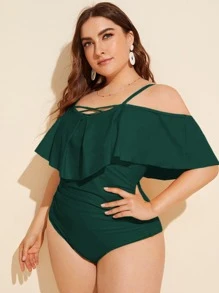 SHEIN Swim Curve Plus Plain Hanky Hem One Piece Swimsuit, For Summer Beach Vacation - Dark Green - View 3