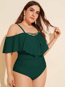 SHEIN Swim Curve Plus Plain Hanky Hem One Piece Swimsuit, For Summer Beach Vacation - Dark Green - View 4