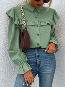 SHEIN VCAY Camisa ribete con fruncido con botón - verde menta - Ver 1