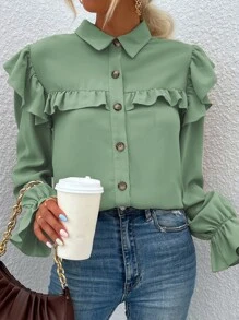 SHEIN VCAY Camisa ribete con fruncido con botón - verde menta - Ver 3