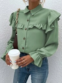 SHEIN VCAY Camisa ribete con fruncido con botón - verde menta - Ver 4