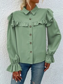 SHEIN VCAY Camisa ribete con fruncido con botón - verde menta - Ver 5