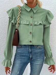 SHEIN VCAY Camisa ribete con fruncido con botón - verde menta - Ver 6
