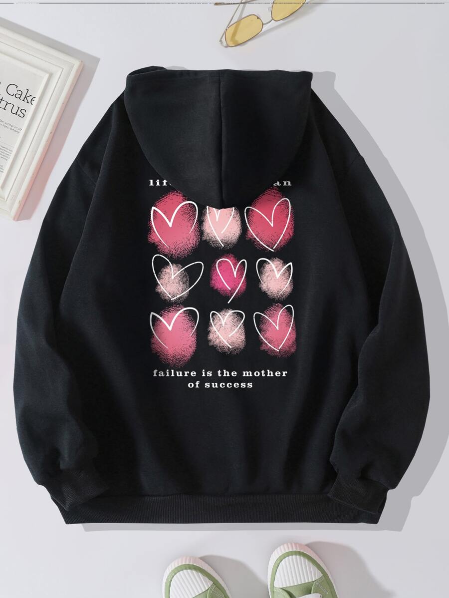 INAWLY Slogan & Heart Print Kangaroo Pocket Drawstring Thermal Hoodie - Black - View 1