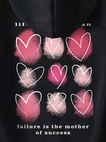 INAWLY Slogan & Heart Print Kangaroo Pocket Drawstring Thermal Hoodie - Black - View 4