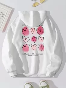 INAWLY Heart & Slogan Graphic Kangaroo Pocket Drawstring Thermal Hoodie - White - View 1