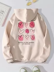 SHEIN EZwear Heart & Slogan Graphic Kangaroo Pocket Drawstring Thermal Hoodie - Apricot - View 1