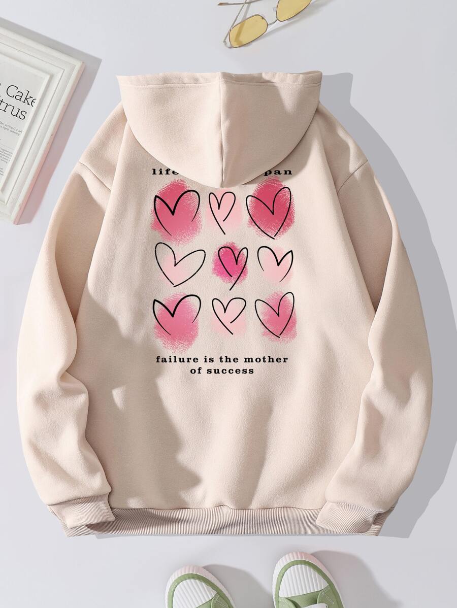 SHEIN EZwear Heart & Slogan Graphic Kangaroo Pocket Drawstring Thermal Hoodie - Apricot - View 1