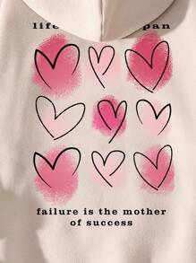 SHEIN EZwear Heart & Slogan Graphic Kangaroo Pocket Drawstring Thermal Hoodie - Apricot - View 3