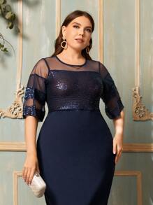 Modelyn 大碼網紗肩部亮片上身連衣裙 - 藏蓝色 - 查看 4