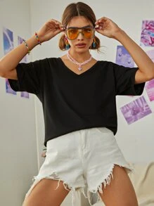 Solid V-neck Drop Shoulder Tee - Black - View 3