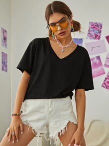 Solid V-neck Drop Shoulder Tee - Black - View 5