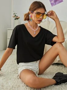 Solid V-neck Drop Shoulder Tee - Black - View 7