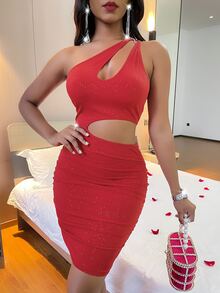 SHEIN SXY 不對稱領鏤空緊身連衣裙 - 紅色 - 查看 4