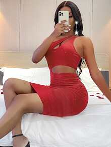 SHEIN SXY 不對稱領鏤空緊身連衣裙 - 紅色 - 查看 5