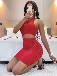 SHEIN SXY 不對稱領鏤空緊身連衣裙 - 紅色 - 查看 6