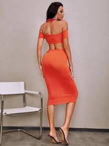 SHEIN SXY 繞頸胸部褶皺鏤空後綁帶緊身毛衣裙 - 亮橙色 - 查看 2