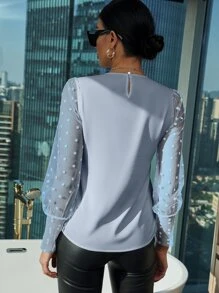 SHEIN Privé Dobby Mesh Panel Blouse - Dusty Blue - View 2