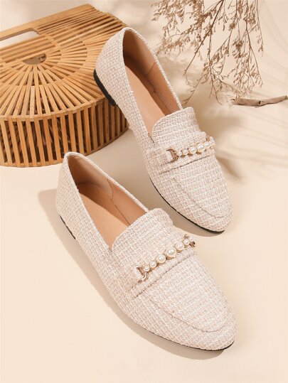 Fall/Winter Faux Pearl Decor Flat Loafers, Fashionable Beige Pearl Solid Color Women's Flat Shoes Valentines