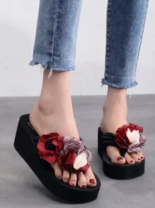 High Elastic Black Base Purple Chiffon Red 3D Flower Decor Platform Thong Sandals - Red - View 1