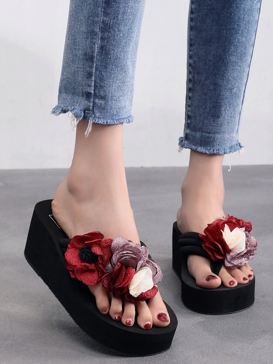 High Elastic Black Base Purple Chiffon Red 3D Flower Decor Platform Thong Sandals - Red - View 1