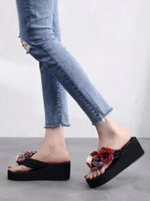 High Elastic Black Base Purple Chiffon Red 3D Flower Decor Platform Thong Sandals - Red - View 3