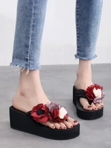 High Elastic Black Base Purple Chiffon Red 3D Flower Decor Platform Thong Sandals - Red - View 4