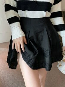 Solid Lace Trim Flared Skirt - Black - View 1