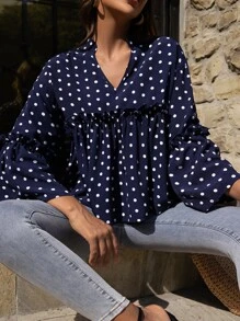 波卡圓點喇叭袖荷葉邊下擺襯衫 - 藏蓝色 - 查看 1