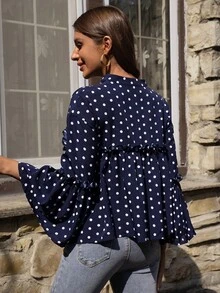 波卡圓點喇叭袖荷葉邊下擺襯衫 - 藏蓝色 - 查看 2