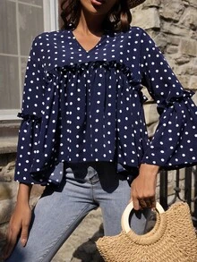 波卡圓點喇叭袖荷葉邊下擺襯衫 - 藏蓝色 - 查看 3