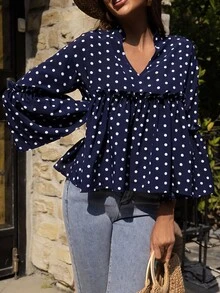 波卡圓點喇叭袖荷葉邊下擺襯衫 - 藏蓝色 - 查看 4
