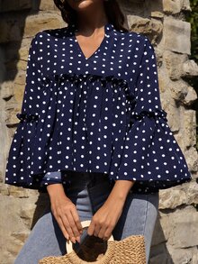 波卡圓點喇叭袖荷葉邊下擺襯衫 - 藏蓝色 - 查看 5