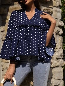 波卡圓點喇叭袖荷葉邊下擺襯衫 - 藏蓝色 - 查看 6