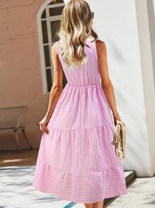 SHEIN Holidaya Striped Print Notched Neck A-line Dress - Pink - View 2