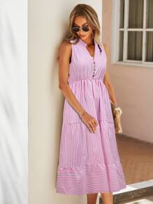 SHEIN Holidaya Striped Print Notched Neck A-line Dress - Pink - View 4