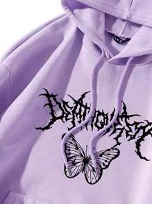 SHEIN Unity Áo hoodie ấm áp In bướm Túi kangaroo Dây rút - Màu Lilac Tím - Xem 3