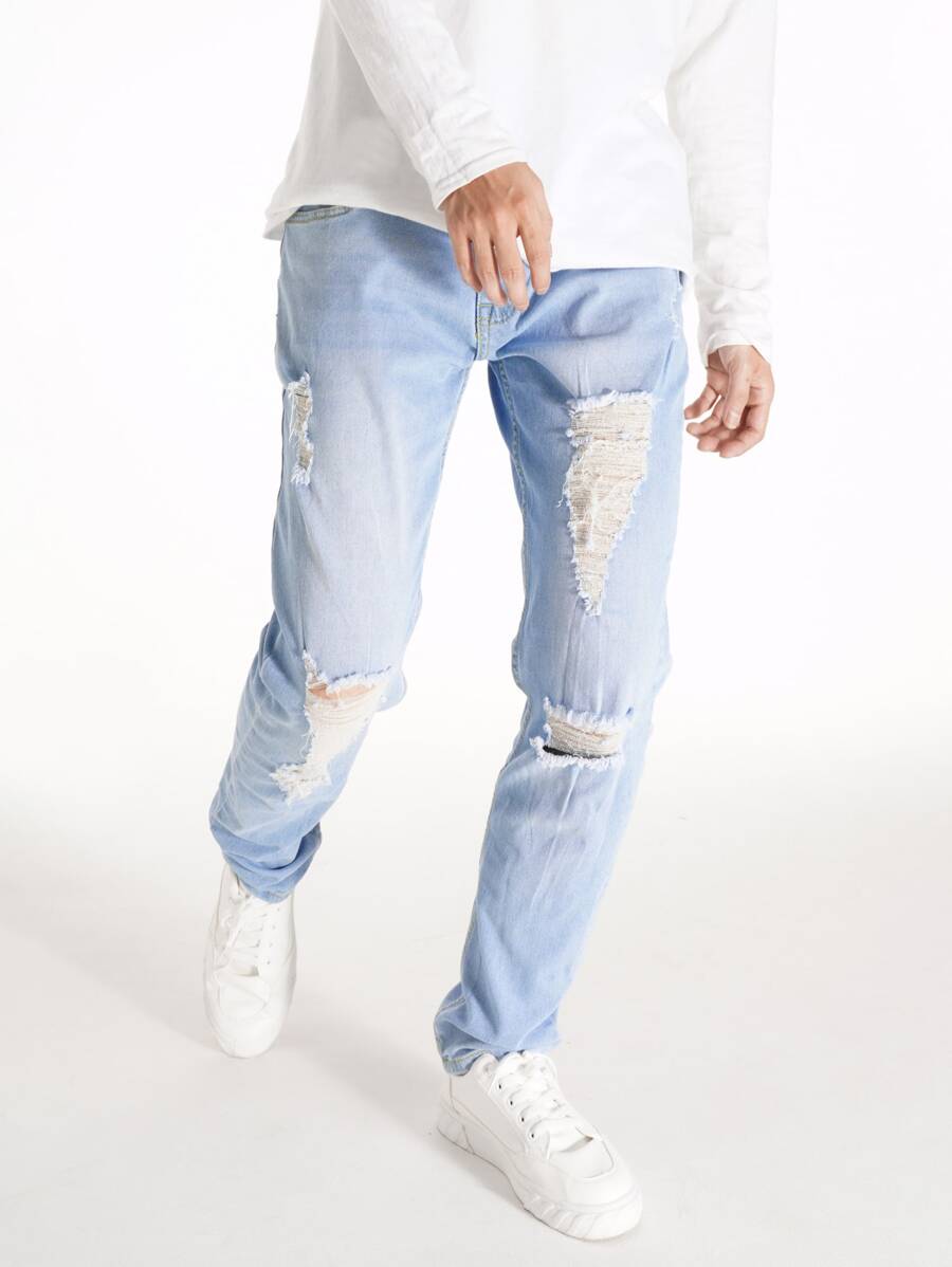 Manfinity Hombres Jeans rotos con lavado ligero - Lavado ligero - Ver 1
