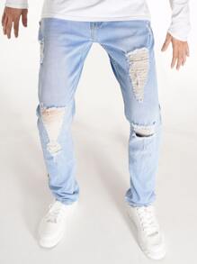 Manfinity Hombres Jeans rotos con lavado ligero - Lavado ligero - Ver 3