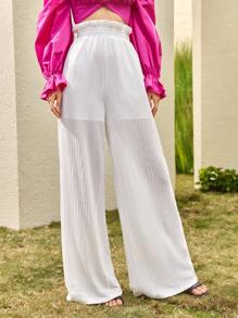 SHEIN VCAY Paperbag Waisted Semi Sheer Trousers - White - View 3