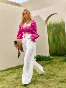 SHEIN VCAY Paperbag Waisted Semi Sheer Trousers - White - View 5