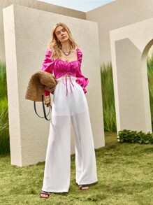 SHEIN VCAY Paperbag Waisted Semi Sheer Trousers - White - View 7