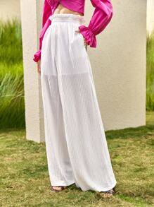 SHEIN VCAY Paperbag Waisted Semi Sheer Trousers - White - View 9