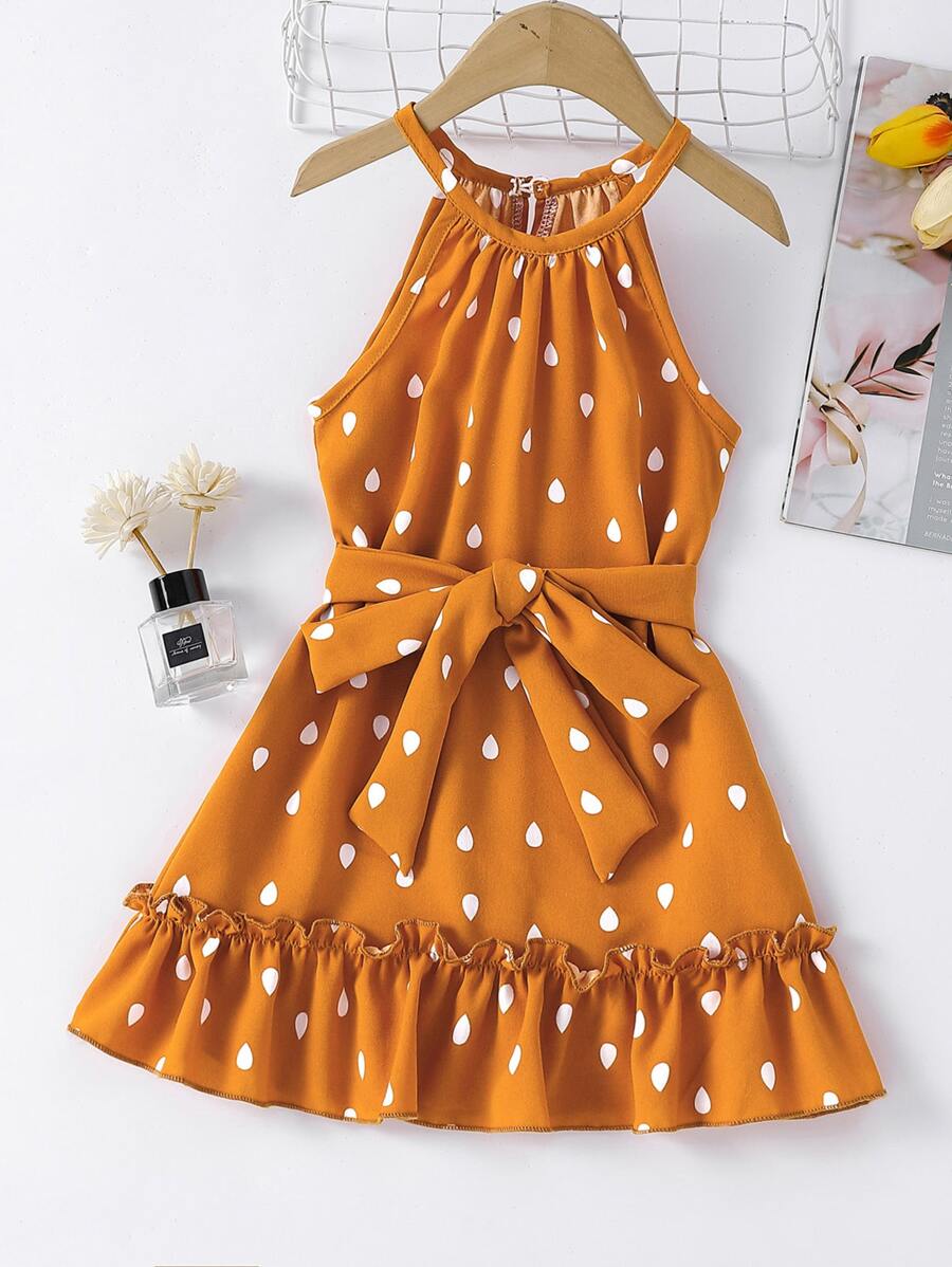 SHEIN Young Girl Drip Print Frill Trim Belted Halter Dress - Mustard Yellow - View 1