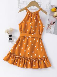 SHEIN Young Girl Drip Print Frill Trim Belted Halter Dress - Mustard Yellow - View 2