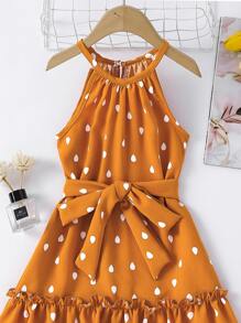 SHEIN Young Girl Drip Print Frill Trim Belted Halter Dress - Mustard Yellow - View 3