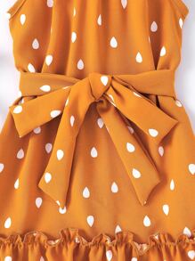 SHEIN Young Girl Drip Print Frill Trim Belted Halter Dress - Mustard Yellow - View 4